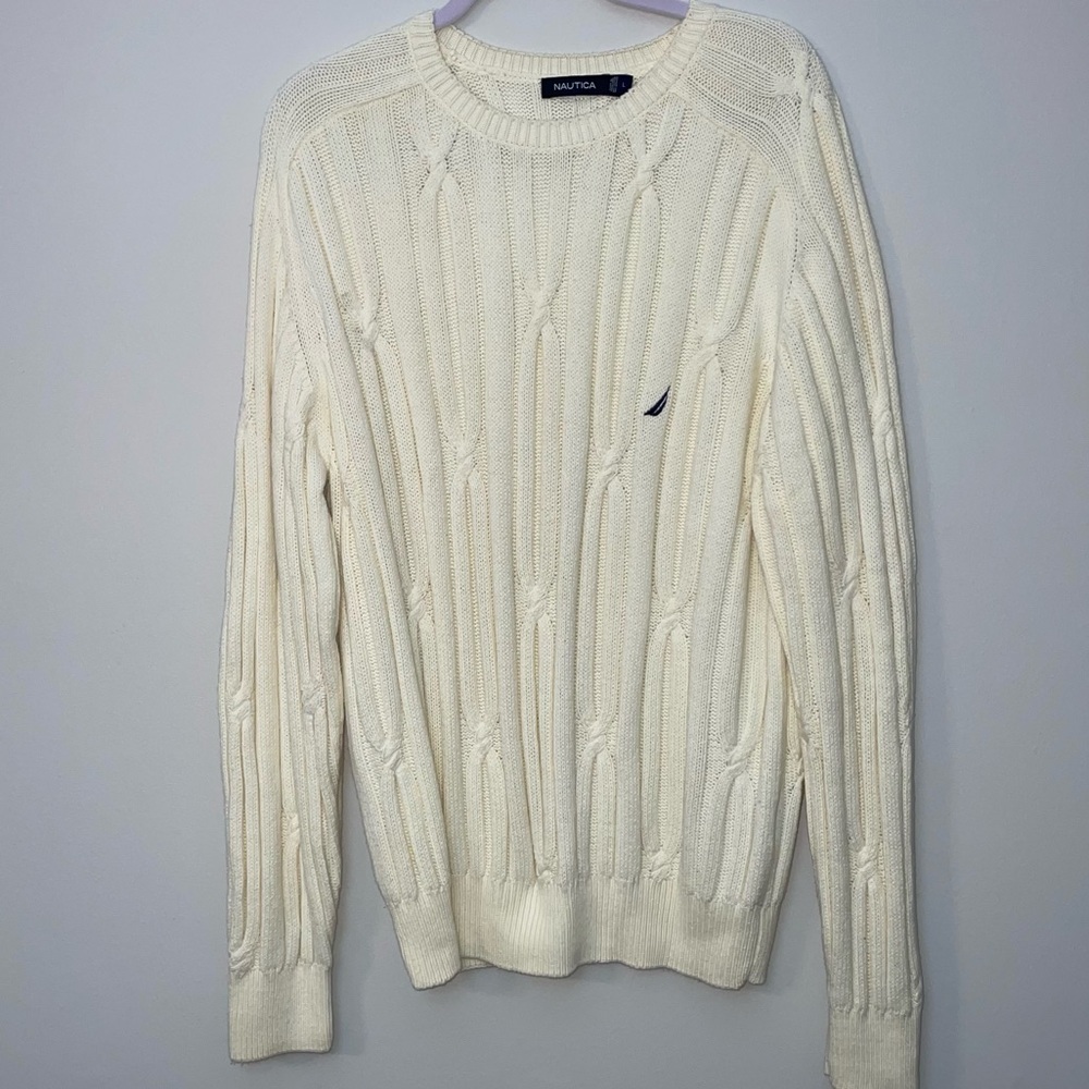 Nautica Pullover SweaterMen's Large Ivory Cable Knit Crew ~ Beautiful!